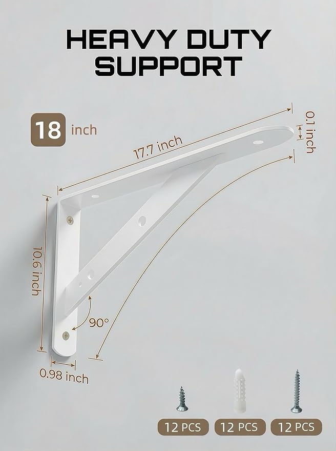 Heavy Duty Floating Shelf Brackets 18 inch, 4 Pack - 300 lb Max Load Per Pair, White Powder Coated Metal Shelf Support, Triangle Decorative Brackets for Wall Mount, Kitchen, Bathroom, Office