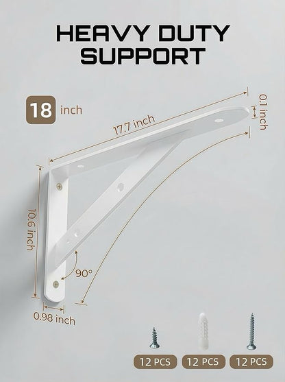 Heavy Duty Floating Shelf Brackets 18 inch, 4 Pack - 300 lb Max Load Per Pair, White Powder Coated Metal Shelf Support, Triangle Decorative Brackets for Wall Mount, Kitchen, Bathroom, Office