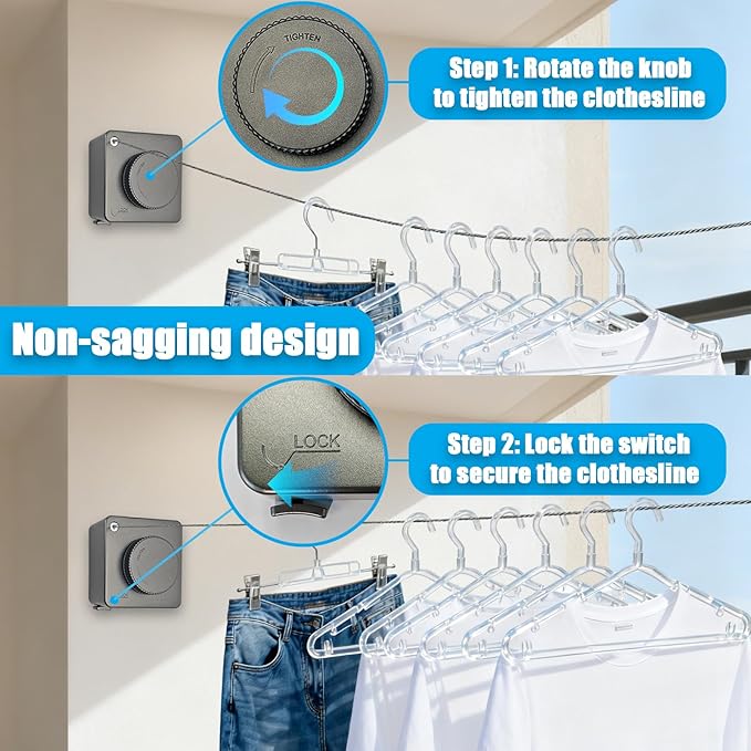 Retractable Clothesline, Non-Sagging Wall Mounted Laundry Line, Space-Saving Stainless Steel Clothes Line, Heavy Duty Drying Rack 15.6 Ft for Apartment, Dorms, RV & Travel (Gray)