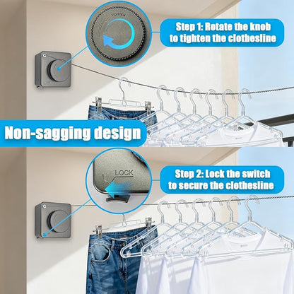 Retractable Clothesline, Non-Sagging Wall Mounted Laundry Line, Space-Saving Stainless Steel Clothes Line, Heavy Duty Drying Rack 15.6 Ft for Apartment, Dorms, RV & Travel (Gray)