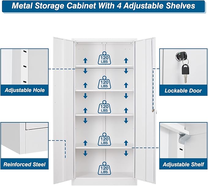 Metal Garage Storage Cabinet, 71-inch Tool Storage Cabinet with Adjustable Shelves & Locking Doors for Garage,Office,Home,School,Gym Storage (White)