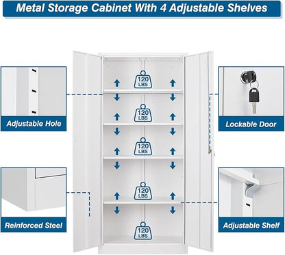 Metal Garage Storage Cabinet, 71-inch Tool Storage Cabinet with Adjustable Shelves & Locking Doors for Garage,Office,Home,School,Gym Storage (White)
