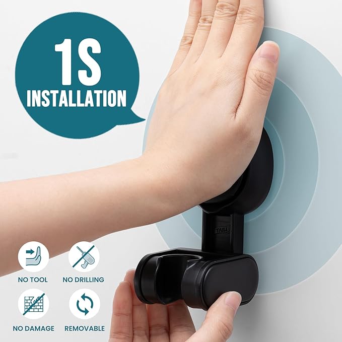 TAILI Shower Head Holder Suction Cup, Adjustable Height & Angle, Wall Mounted, Waterproof, Black, Plastic, Round, Bathroom & Shower Fixture