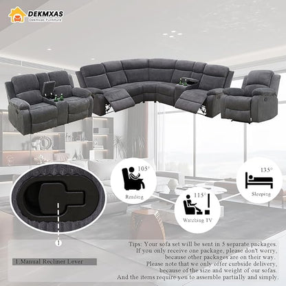 Living Room Furniture Sets, 5PCS Dark Grey Corduroy Fabric Recliner Sectional Sofa Set with Drop-Down Table, Reclining Sofa Couches with 5 Recliner Seats, Cup Holder,Storage Console