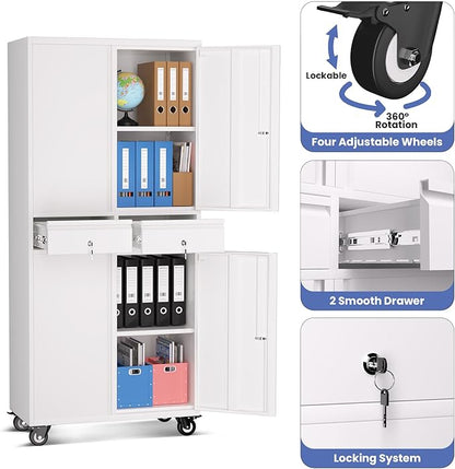 Garvee Metal Storage Cabinet, 73 Inch Garage Storage with Locking Doors and Adjustable Shelves, Heavy Duty Tool Cabinet with 2 Drawers