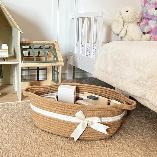 CHICVITA Small Woven Rope Gift Basket, Baby Nursery Storage Baskets for Towels, Snacks, Toys, Diapers, Rectangle Shelf Baskets for Bathroom, Cute Brown Basket, 13 x 9.8 x 5 inches