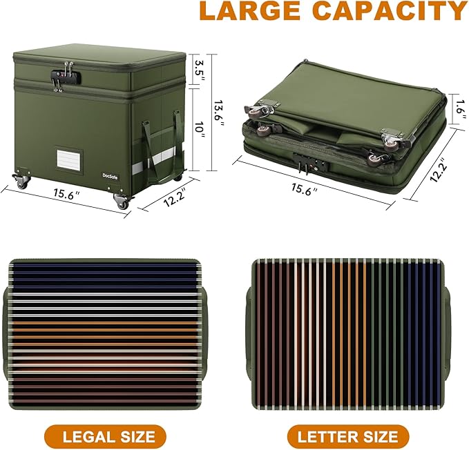 DocSafe File Box with Lock,2-Layer Fireproof Document Box with Wheels,Collapsible Rolling File Storage Organizer with Pockets,Large Portable Home Office Filing Cabinet Safe for Hanging Folders,Green