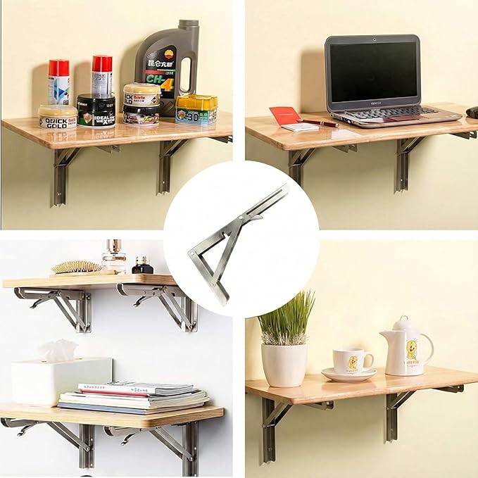 Stainless Steel Folding Shelf Brackets, Heavy Duty 12 Inch Shelf Brackets 2 Pcs for Foldable Shelf, Wall Mounted Folding Table Brackets Space-Saving