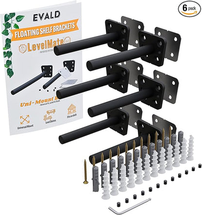 EVALD LevelMate™ 4-Inch Uni-Mount Floating Shelf Brackets | Hidden Black Carbon Steel Wall Supports for Wood Mantel, Kitchen Shelving, Bookshelves & Office Décor | Anti-Sag Pinol Screw System (6 Pack)