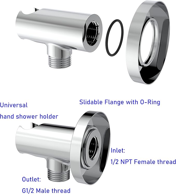 Aquaiaw Wall Supply Elbow with O-Ring Flange, Tapered 1/2 NPT Female Inlet, Solid Brass Wall Union W/Handshower Holder, Round Wall Supply Elbow W/Hand Shower bracket, Polished Chrome, G1/2 Outlet