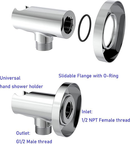 Aquaiaw Wall Supply Elbow with O-Ring Flange, Tapered 1/2 NPT Female Inlet, Solid Brass Wall Union W/Handshower Holder, Round Wall Supply Elbow W/Hand Shower bracket, Polished Chrome, G1/2 Outlet
