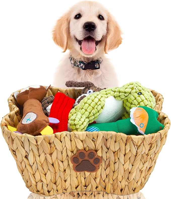FairyHaus Dog Toy Basket Organizer with Dog Paw Decor, 1Pack Wicker Bone Shape Dog Toy Bin for Organizing, Natural Water Hyacinth Dog Toy Box for Pet Chew Toys Blanket Treats Storage