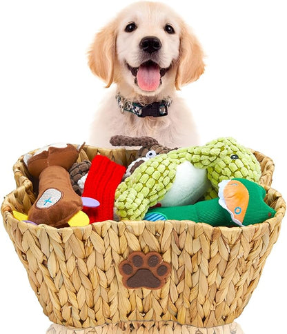 FairyHaus Dog Toy Basket Organizer with Dog Paw Decor, 1Pack Wicker Bone Shape Dog Toy Bin for Organizing, Natural Water Hyacinth Dog Toy Box for Pet Chew Toys Blanket Treats Storage