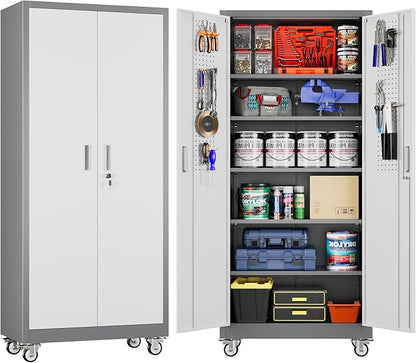 Aobabo 71" H x 32" W x 16" D Garage Storage Cabinet with Wheels, Metal Storage Cabinet with 5 Adjustable Shelves and 4 Hooks for Home Office, Assembly Required, Grey White