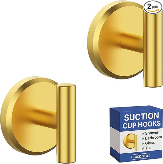 HOME SO Suction Cup Hooks for Shower & Bathroom Towel Holder 2-Pack – Suction Cups Hooks for Hanging Towels, Robes, & Coats - Tiles, Glass Door or Mirror – Shower Hooks & Towel Hooks - Gold T-Shape