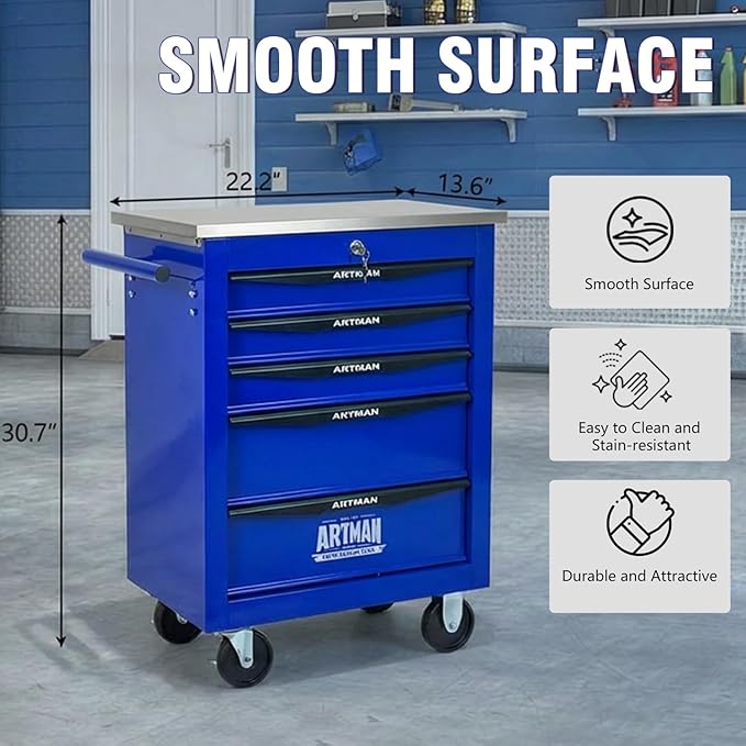 5-Drawer Rolling Tool Chest with Stainless Steel Countertop,Tool Chest with Secure Locking System,Mobile Storage Tool Cabinet with 360°Wheels and Padded Feet,for Home,Garage (Blue)