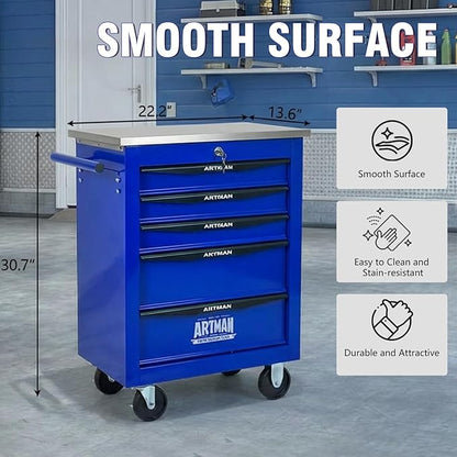 5-Drawer Rolling Tool Chest with Stainless Steel Countertop,Tool Chest with Secure Locking System,Mobile Storage Tool Cabinet with 360°Wheels and Padded Feet,for Home,Garage (Blue)