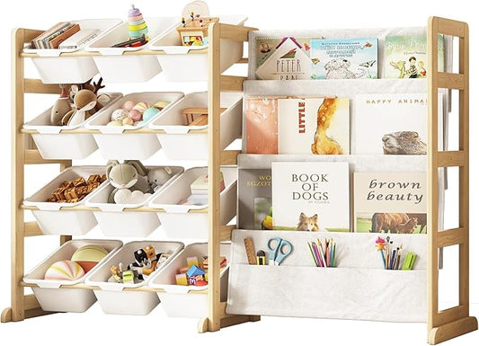 Toy Storage Organizer with Bookshelf - 12 Storage Bins 4-Tier Multipurpose Shelf to Organize Toys and Books for Kids Room, Playroom, Nursery Room, White