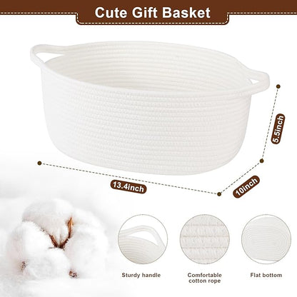 OIAHOMY Gift Basket with Handle, 15.4"x 11.4"x 6.7" Woven Basket with Gift Bag, Ribbon and Wrap Tissue Paper, Nursery Bins Empty to Fill with Towels, Baby, Pet Toy Organizer - White