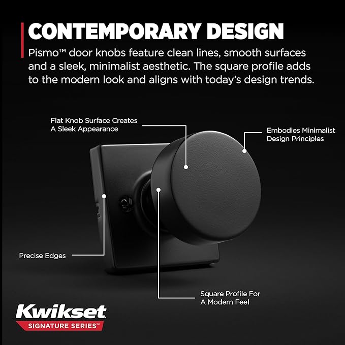 Kwikset Pismo Dummy Door Knob,Sided Handle for Closets,French Double Doors,and Pantry,Matte Black Non-Turning Interior Push/Pull Door Knob,with Microban Protection,(Pack of 4)