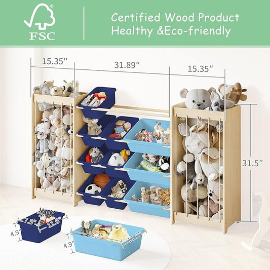 Large Toy Storage Organizer, Wooden Stuffed Animal Storage & 12-Bins Toy Organizer, Double-Sided Plush Toy Holder Featuring Thicker Ropes, Space Save Bedroom Nursery Playroom Storage, Blue