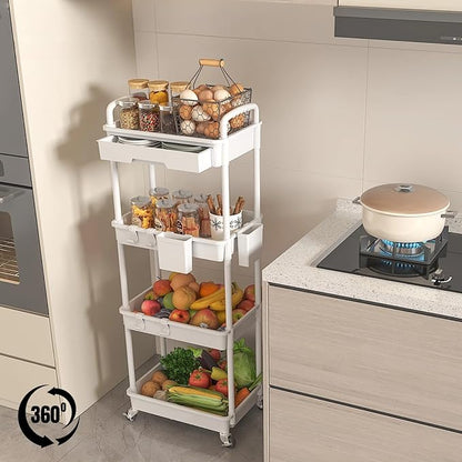4 Tier Rolling Utility Cart with Drawer, Plastic Storage Organizer Rolling Carts with Wheels Handles Hanging Cups Hooks for Office, Bathroom, Kitchen,Craft Art Room (White)