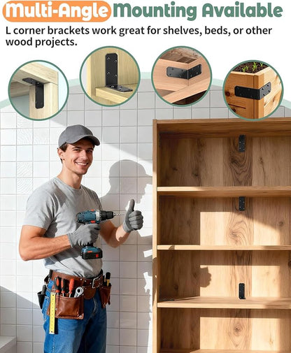 3"x3" L Brackets, 90 Degree Angle Iron, Heavy Duty Steel Corner Brace for Wood Shelves, Post, Floating Shelves, Desk (Black-4 Pcs)