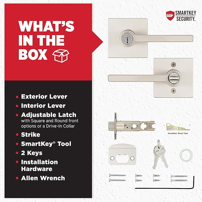 Kwikset Halifax Entry Door Handle with Lock and Key, Secure Keyed Reversible Lever Exterior, For Front Entrance and Bedrooms, Satin Nickel, Pick Resistant Smartkey Rekey Security and Microban