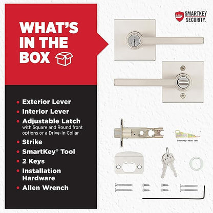 Kwikset Halifax Entry Door Handle with Lock and Key, Secure Keyed Reversible Lever Exterior, For Front Entrance and Bedrooms, Satin Nickel, Pick Resistant Smartkey Rekey Security and Microban