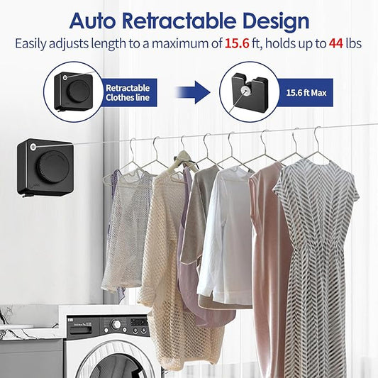 Retractable Clothesline Indoor, Non-Sagging Clothes Line Retracting Outdoors,15.6Ft Heavy Duty Clothes Drying Laundry Line, Wall Mounted Clothesline with 5pcs Stainless Steel Hooks (Black)