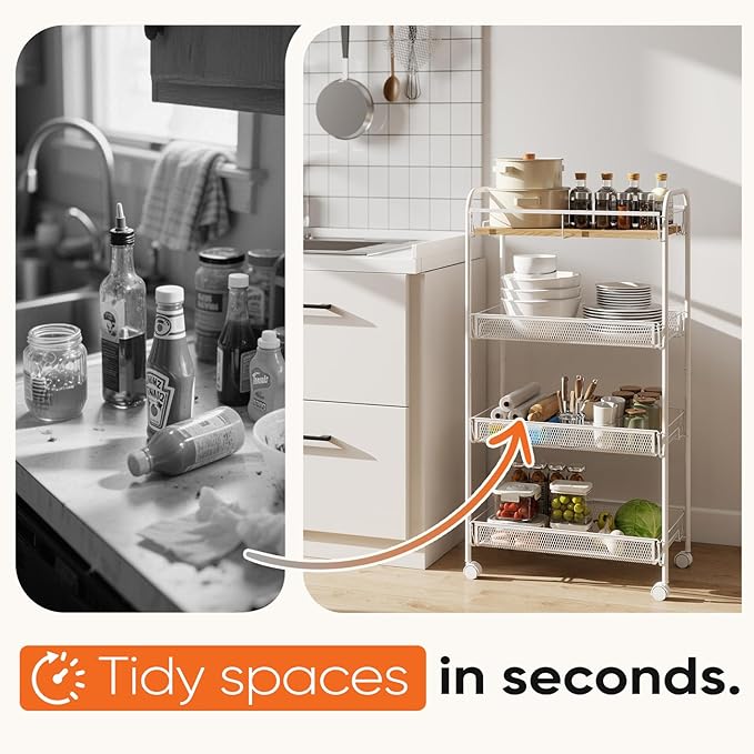 Sekey 4 Tier Rolling Cart Metal, Slim Storage Cart for Kitchen, Mobile Utility Cart with Wooden Top, Narrow Organizers and Storage with Universal Wheels, for Small Space, Bathroom, Laundry Room, White