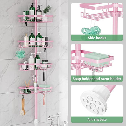 Corner Shower Caddy Tension Pole - Pink - Rustproof Adjustable Bathroom Organizer Shelf for Shampoo, 25–114.2 Inch Shower Rack for Renters, Apartments