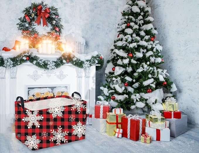 Rectangular Christmas Baskets,Snowflakes Basket Empty,Waterproof PE Coating Cute Bins for Kids with Handles,Gifts Baskets,Books Bin. (Red snowflakes)
