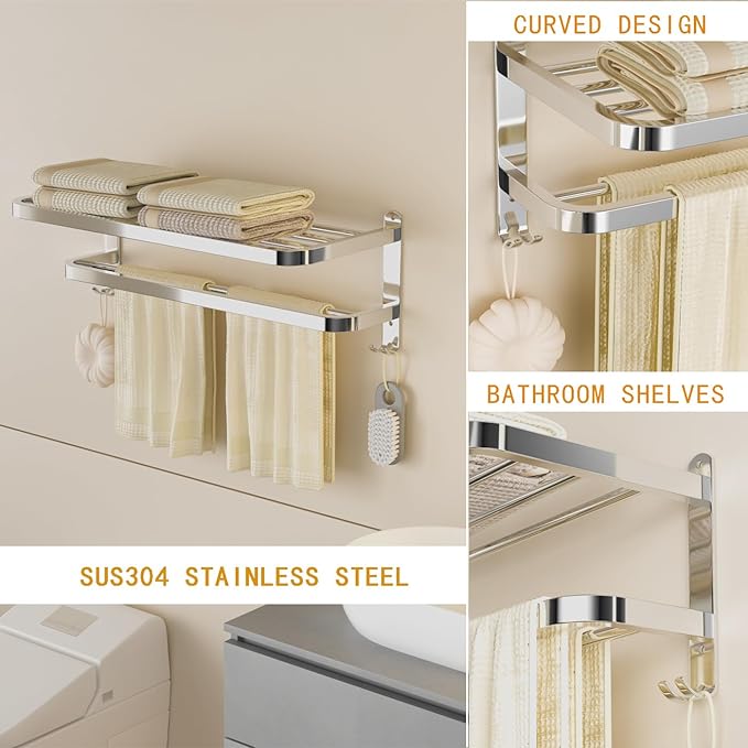 DDS-DUDES 23 Inch Bathroom Towel Rack Towel Shelf with Double Towel Bars Lavatory Wall Mount Holder with Hooks Stainless Steel Hotel Bath Rack