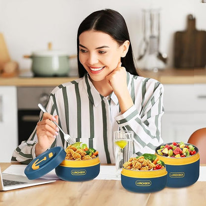 Dandat 3 Pcs Portable Insulated Lunch Container Set for Adult, Stackable Stainless Steel Bento Box for Hot Food with Insulated Lunch Bag Unisex 3 Separate Thermal Food Container (Blue)