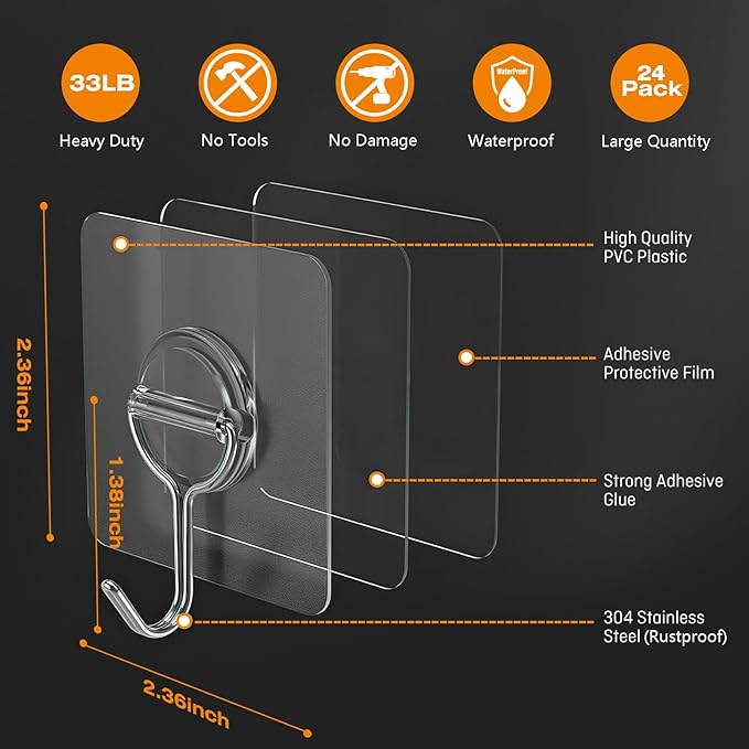 Adhesive Wall Hooks for Hanging Heavy Duty 33lb(Max), Waterproof and Rustproof Transparent Self Adhesive Hooks for Bathroom Kitchen Outdoor and Home Improvement -24 Pack