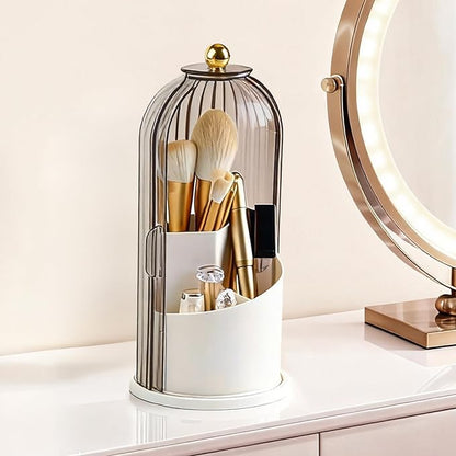 360° Rotating Makeup Brush Holder with Lid, Waterproof Three-Compartment Makeup Organizer, 180° Side-Pull Door Desk Organizer, Dustproof Brush Holder for Vanity and Bathroom (Grey)