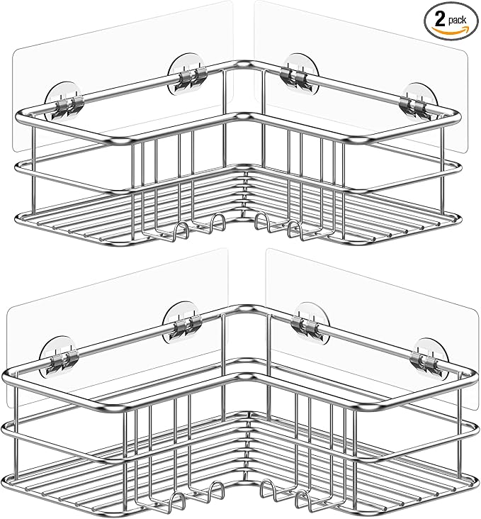 Menbyci 2 Pack Corner Shower Caddy, Adhesive Bathroom Shelf with 8 Hooks, Rustproof Stainless Steel Bathroom Organizer, No Drilling Shower Shelves Basket Wall Storage Rack Shampoo Holder (Silver)