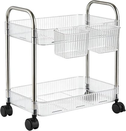 2 Tier Utility Rolling Cart with Wheels Sofa Side Table Small Under Desk Storage Organizer Plastic Mobile Trolley Organization Storage Cart for Kitchen Pantry Bathroom, Transparent