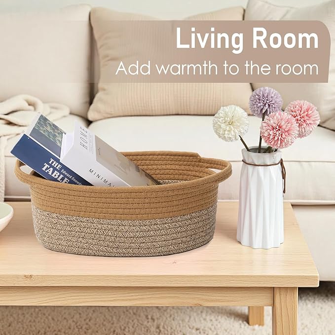 Woven Basket,Small Rope Storage Bin with Handles & Ribbon Bag, Organizer for Shelves Closets,Gift Basket Empty for Birthday,Books,Dog Toys, Jute&Brown/3 Pack