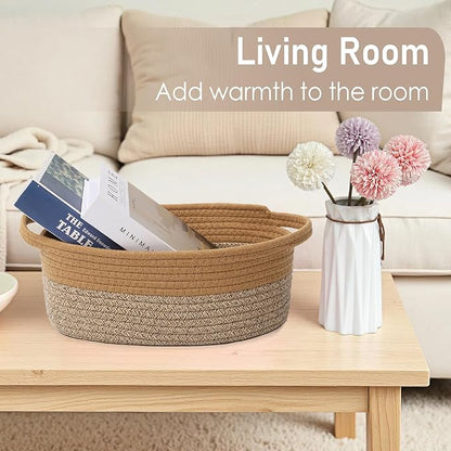 Woven Basket,Small Rope Storage Bin with Handles & Ribbon Bag, Organizer for Shelves Closets,Gift Basket Empty for Birthday,Books,Dog Toys, Jute&Brown