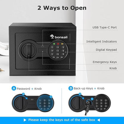 Bonsaii Safe Box with Electronic Keypad, Steel Security Lock Box with Key, 0.23 Cubic Feet, 9.06" W x 6.69" D x 6.69" H, Small Hidden Safe for Cash Jewelry