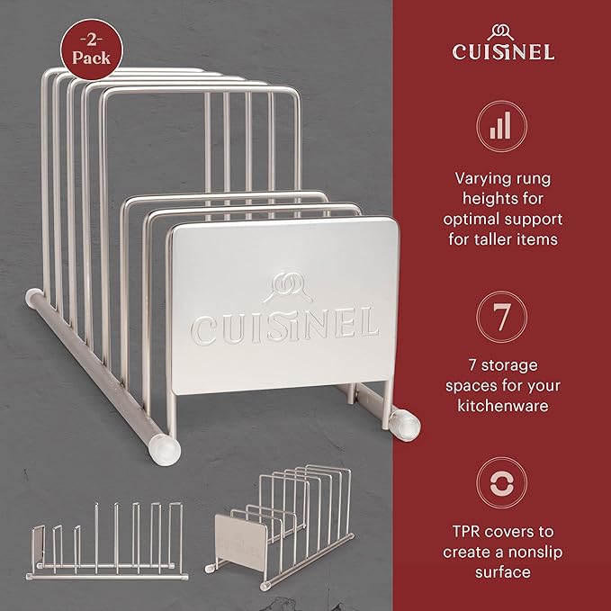 Cuisinel Pot Lid and Dish Organizer Rack - Satin Nickel Kitchen Storage/Organization Stand - 7-Tier Cabinet/Counter, Cookware, Pots and Pan Lids/Covers, Cutting Board Holder Organizer