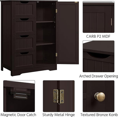 Yaheetech Large Bathroom Floor Cabinet with 4 Drawers and Single Door Cabinet, Freestanding Storage Cabinet for Living Room Kitchen Hallway, Espresso