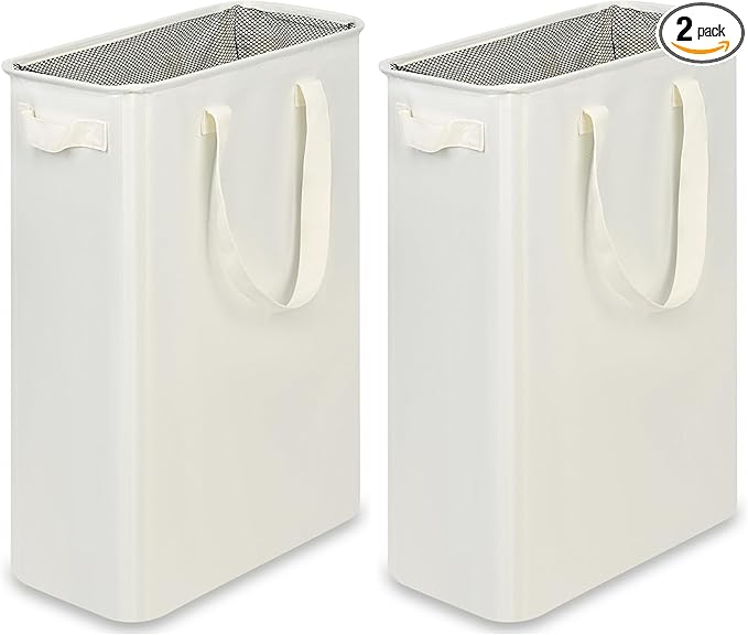 efluky Slim Laundry Basket, Narrow Laundry Hamper with Handles, Collapsible Dirty Clothes Hamper, Tall Laundry Bin for Laundry Room, Dorm and Bedroom, 12.7 Gallons(48L) Beige (Pack of 2)