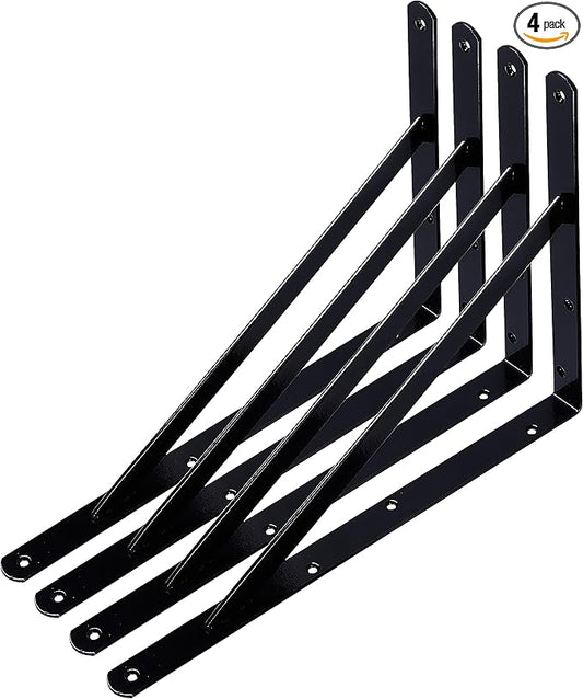 4-Pack 16 Inch Heavy Duty Shelf Brackets, Thicken Wall Bracket for Garage Floating Storage Shelves, 90 Degree Triangle Large L Bracket, Black Powder-Coated Steel