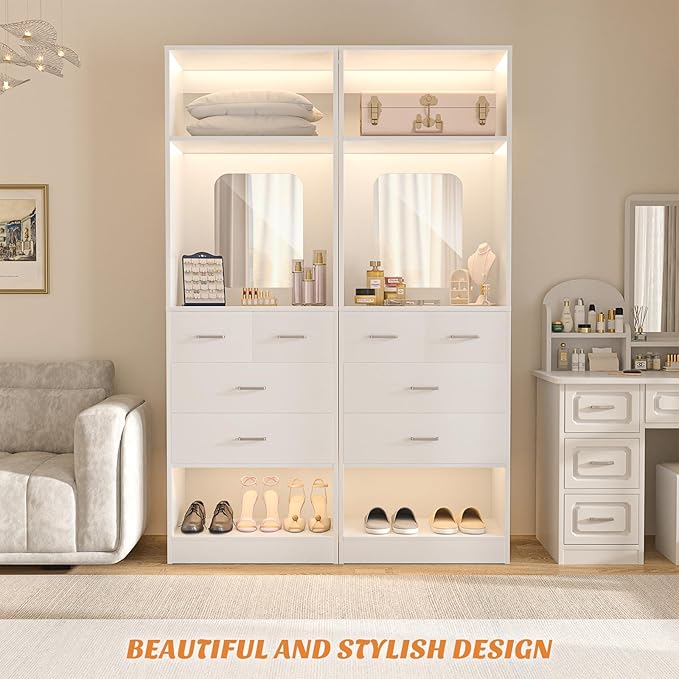 Unikito 25" Closet System with Drawers, 2FT Freestanding Closets Organizer with Storage Shelves and Mirror, Sturdy Walk in Closet Tower for Bedroom, Mudroom and Entryway, 25" W x 16" D x 80" H, White