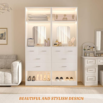Unikito 25" Closet System with Drawers, 2FT Freestanding Closets Organizer with Storage Shelves and Mirror, Sturdy Walk in Closet Tower for Bedroom, Mudroom and Entryway, 25" W x 16" D x 80" H, White