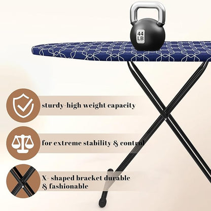 Classic Ironing Board, Compact and Space Saver,Size 43 x 13 Ironing Board, Extra Wide Ironing Area with Extra Thick Heavy Duty Padded, Stable Structure,Easy to Fold Blue Geometry