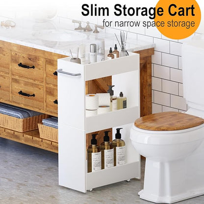 MARTY Wood Rolling Storage Cart 7.9" W, 3 Tier White Slim Utility Kitchen Cart on Wheels Laundry Room Bathroom Organizers Narrow Shelves with Handle Mobile Shelving Unit for Small Places